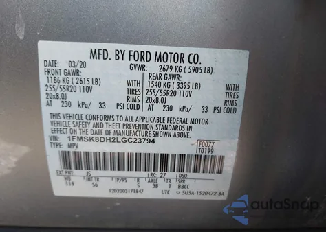 2020 Ford Explorer Xlt из США, поврежденный, VIN 1FMSK8DH2LGC23794